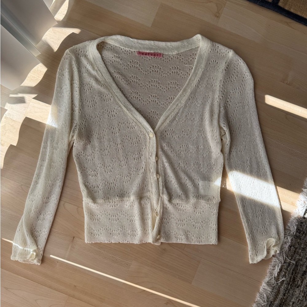 Vintage Pointelle Cream Cardigan with 3/4 Sleeves
